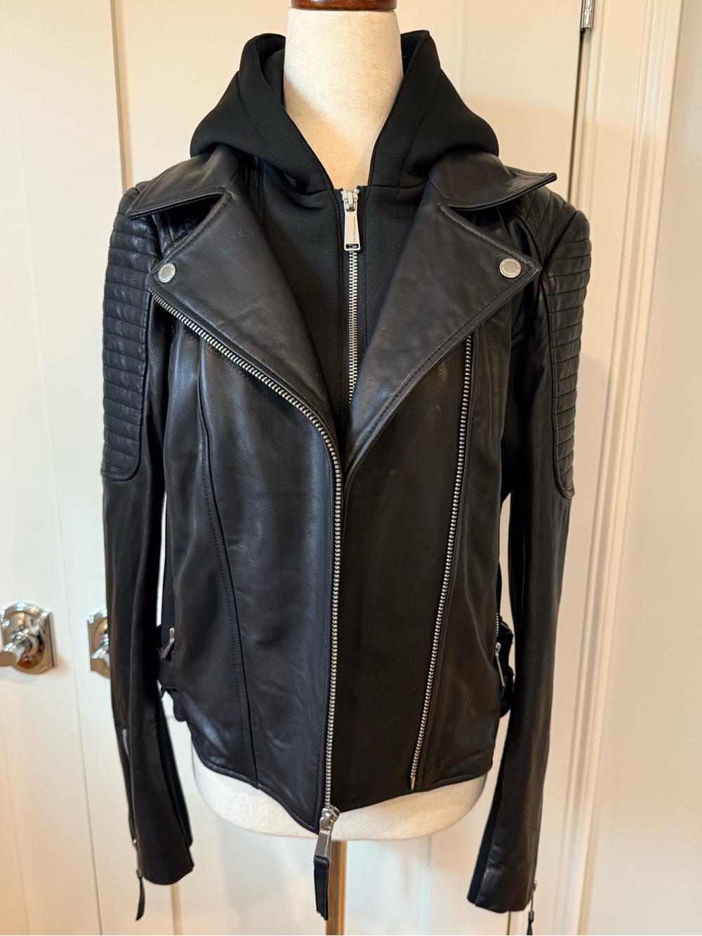 BCBGeneration Black Quilted-Shoulder Leather Moto Jacket